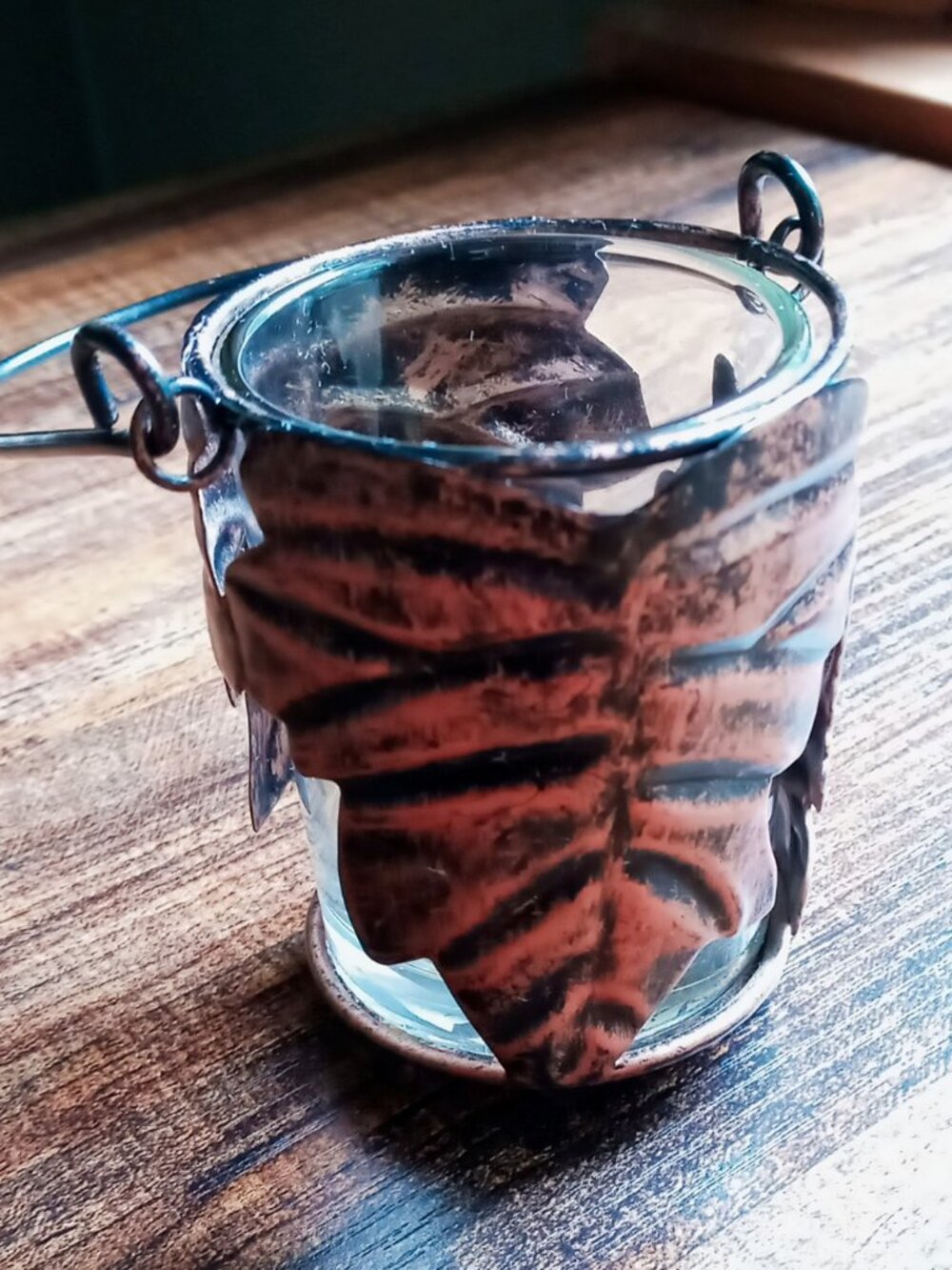 🍁Copper Glass Leaf Votive/Tealight Candle Holder Lantern Decor Hanging Rustic🍁 - Picture 11 of 14